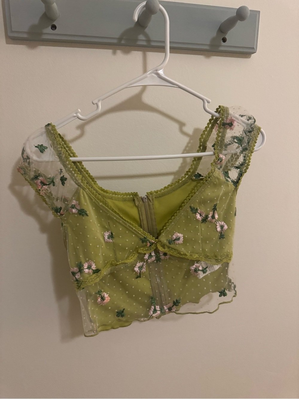 Shein Cotagge Fairy Whimsical Green Floral Mesh Crop Top